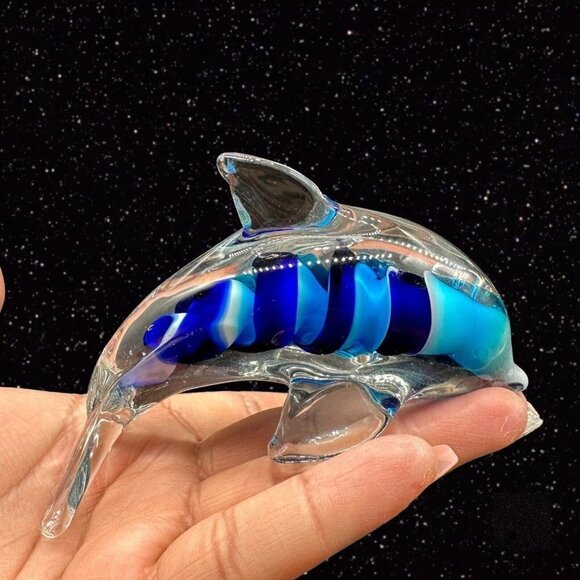Art Glass Dolphin Blue Swirls Multicolor Paperweight Figurine 2.5”T 4.5”W - Picture 2 of 13
